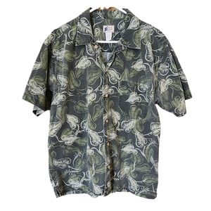 Cherokee Waikiki Men's Green Leaf Novelty Print Casual Hawaiian Button Up